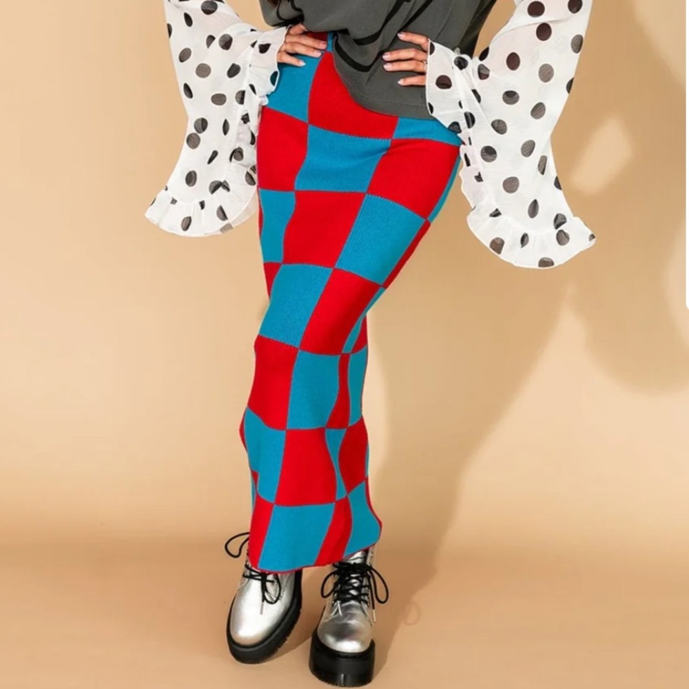 Dressed in Lala “To the Stars” Checkerboard Knit Maxi Skirt Size L